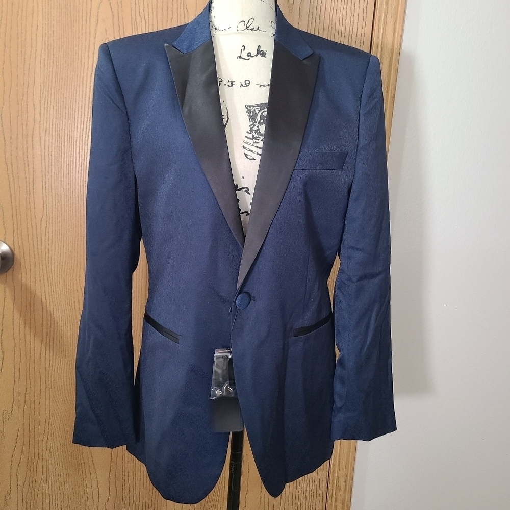 NWT Navy Blue Printed Textured Satin Lapel Tuxedo Jacket Blazer Suit Coat